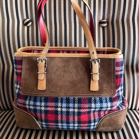 Vintage Coach Hamptons Tartan Wool Plaid & Suede carryall 9521 W/ COIN PURSE - Picture 3 of 15